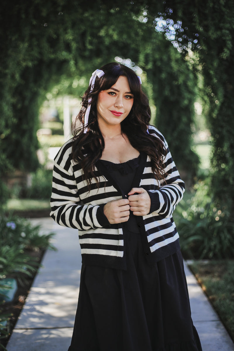 【BAON】[unisex] Horiring Punching Stripe Over Cardigan Rib-knit Cardigan - Black/striped - Ladies | H&M US