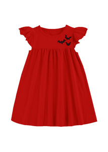 Toddler Bats Embroidered Flutter Sleeve Dress in Red