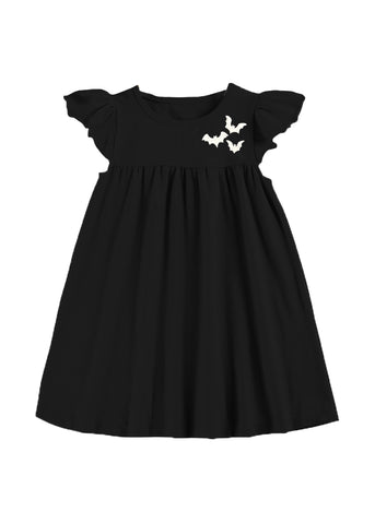 Toddler Bats Embroidered Flutter Sleeve Dress in Black