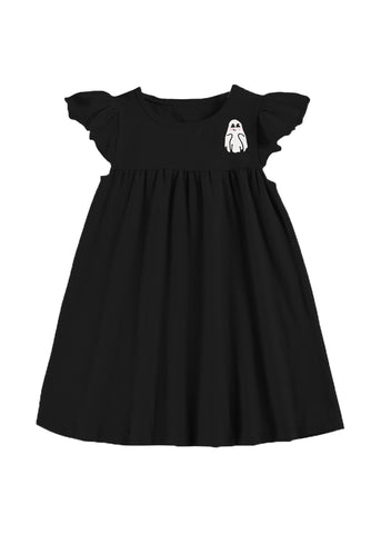 Toddler Lil' Ghostie Embroidered Flutter Sleeve Dress in Black