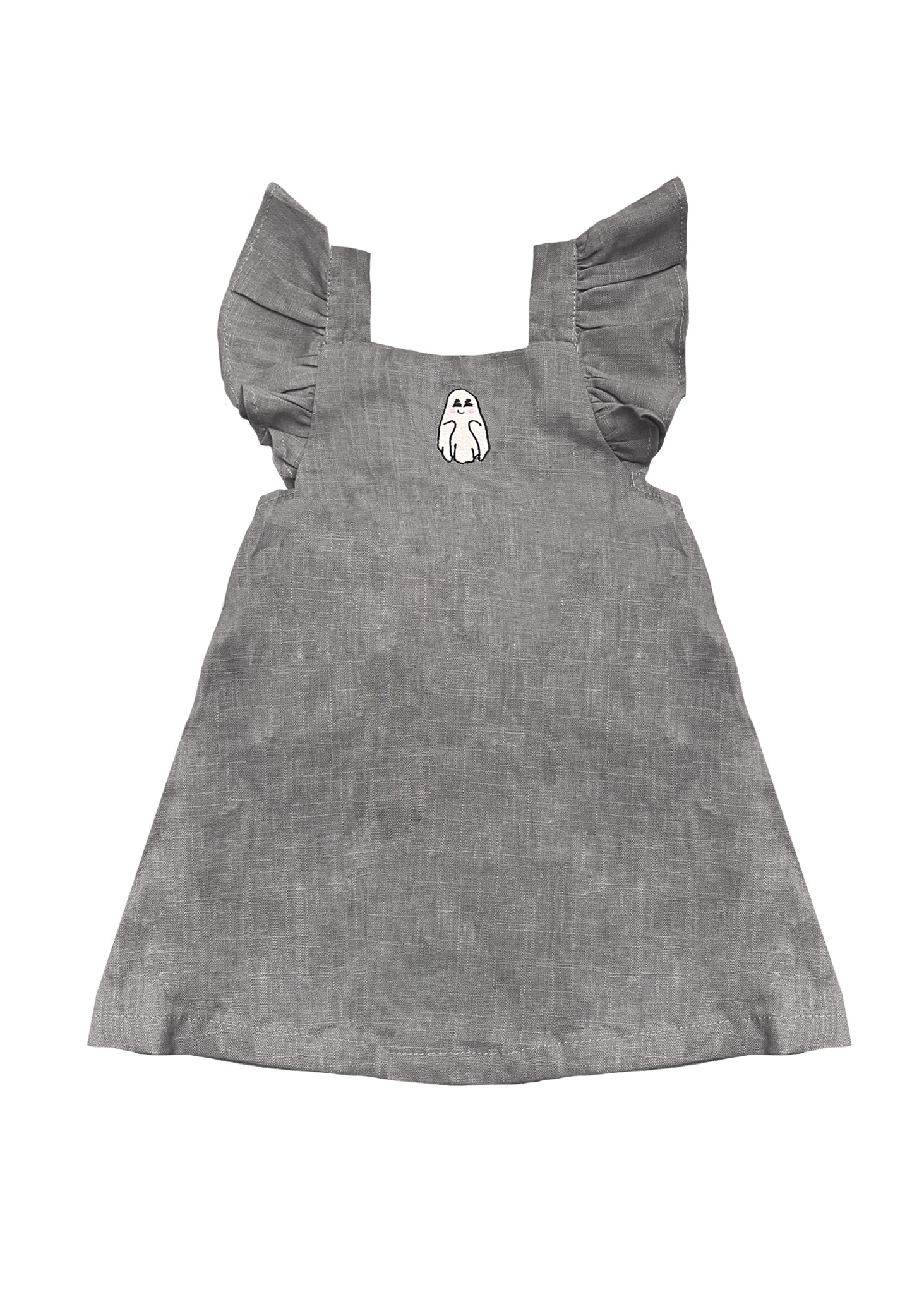 Toddler Lil' Ghostie Embroidered Pinafore Linen Dress in Ghost Grey