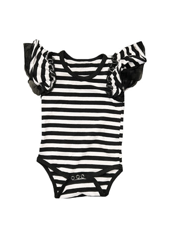 Baby Ruffle Sleeve Bodysuit in Black and White Stripe