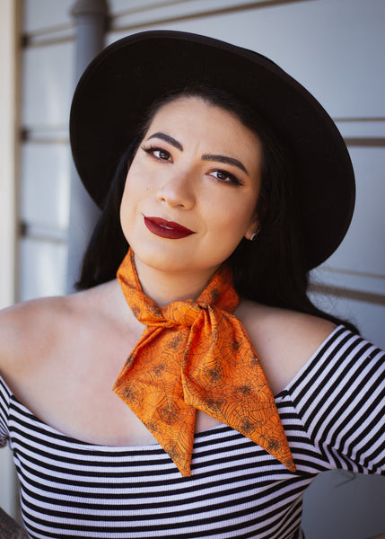 Headwrap Scarf / Neckerchief in Orange Spiderweb Print