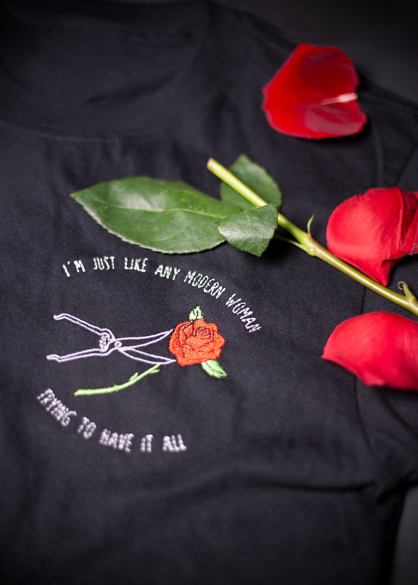 Modern Woman Embroidered Unisex Black T-Shirt
