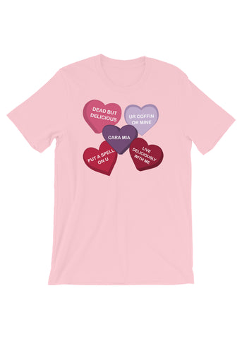 Spooky Conversation Hearts Unisex T-Shirt in Pink